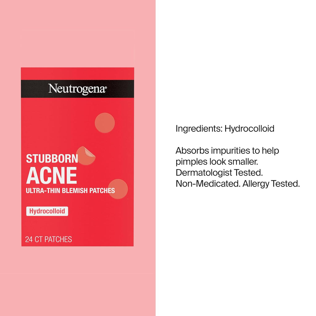 Neutrogena Stubborn Acne Patches, Hydrocolloid Absorbs Impurities Ultra-Thin Pimple Patches Work Overnight, 24 Ct