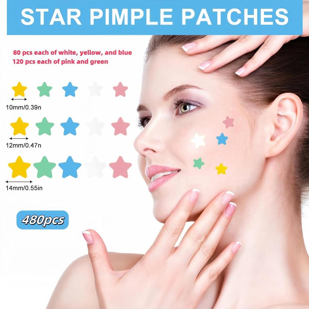 Star Pimple Patches for Face Acne Patches - Star Shape, Acne Patches 5 Colors 3 Sizes 480 Count, Mighty Pimple Patches Cute Pimple Stickers for Blemish Protection Tools Kit