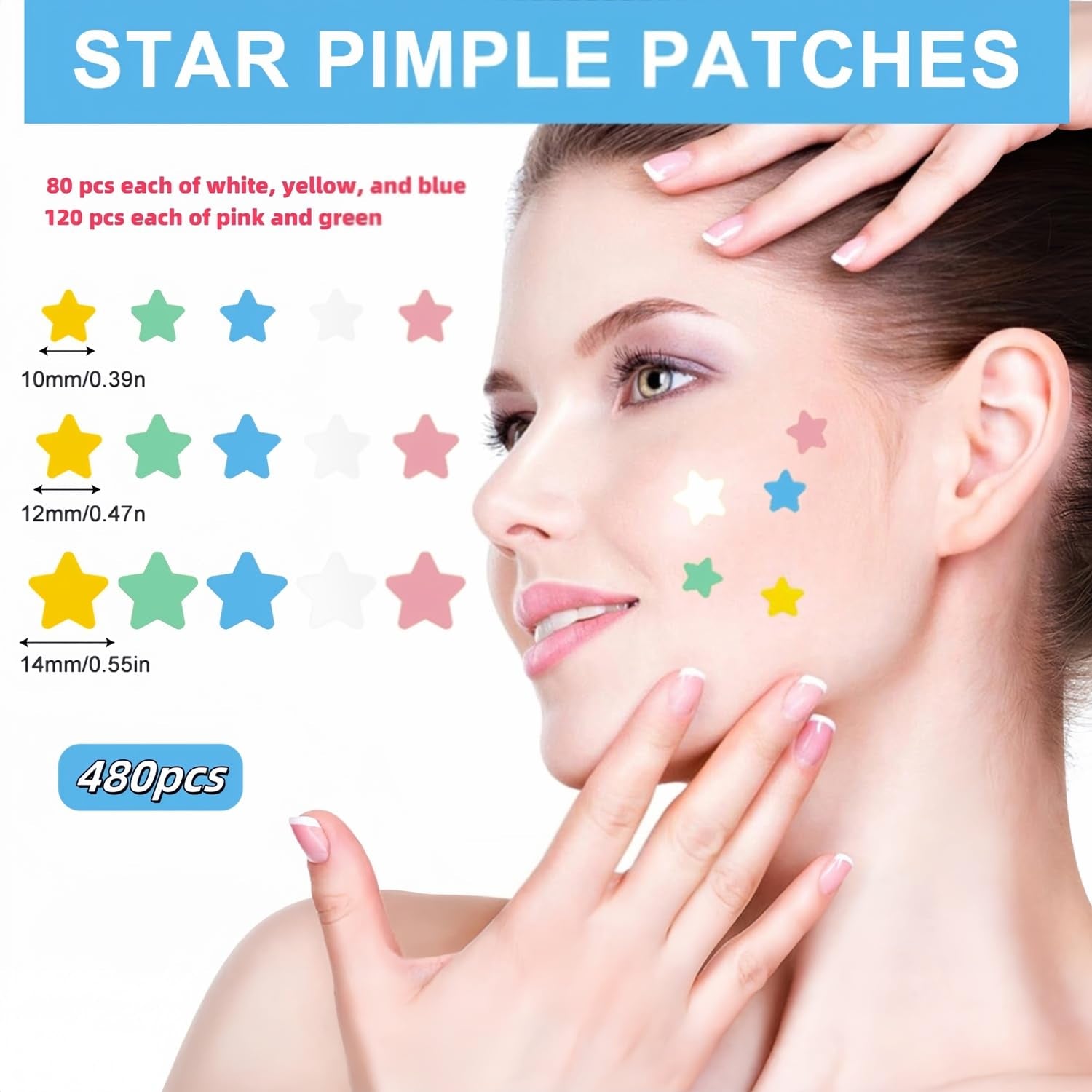 Star Pimple Patches for Face Acne Patches - Star Shape, Acne Patches 5 Colors 3 Sizes 480 Count, Mighty Pimple Patches Cute Pimple Stickers for Blemish Protection Tools Kit